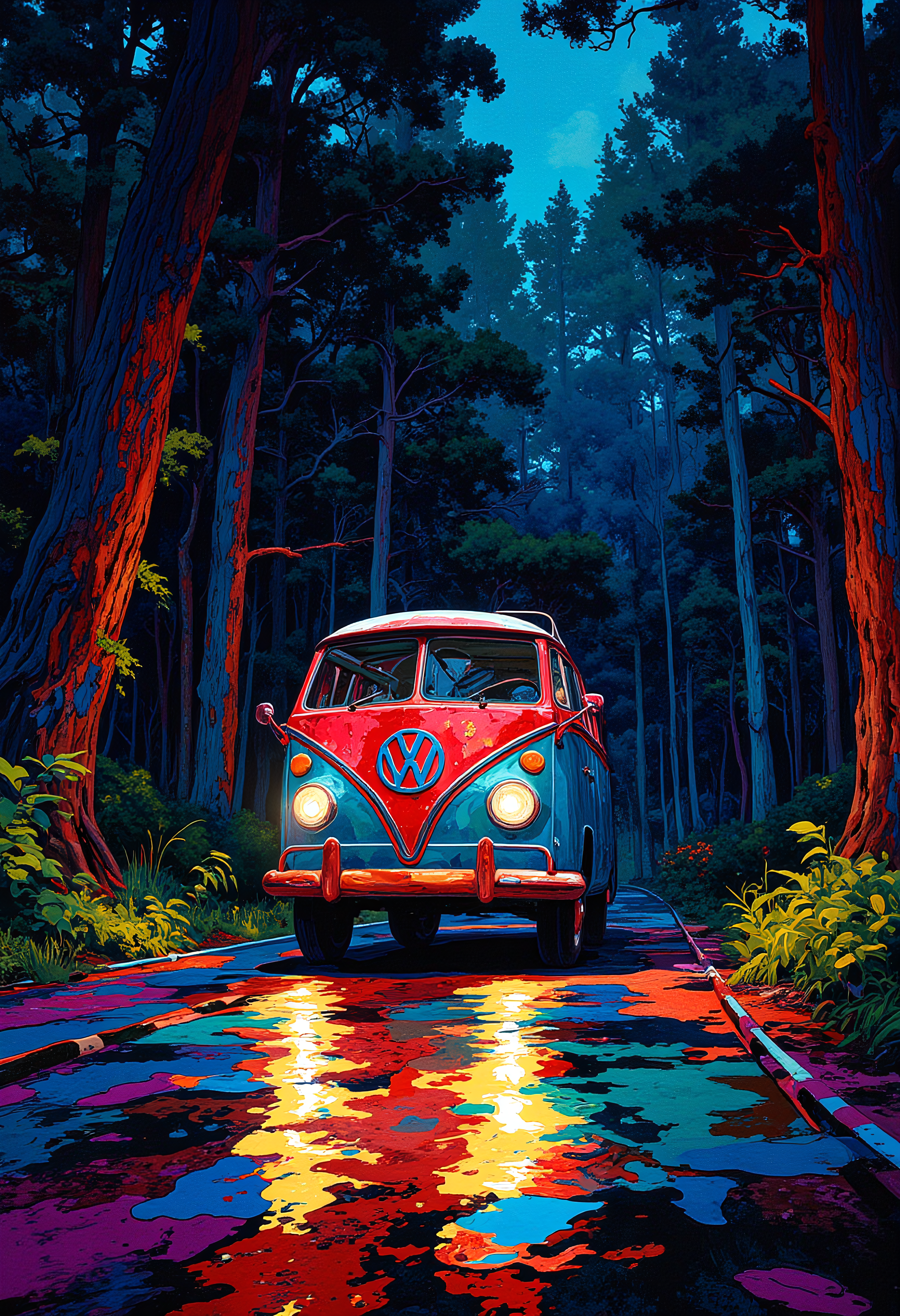 Painting, A classic Volkswagen van driving through a dark night on a road surrounded by forest, colorful, vibrant glow