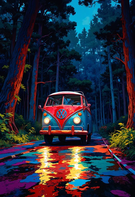 Painting, A classic Volkswagen van driving through a dark night on a road surrounded by forest, colorful, vibrant glow