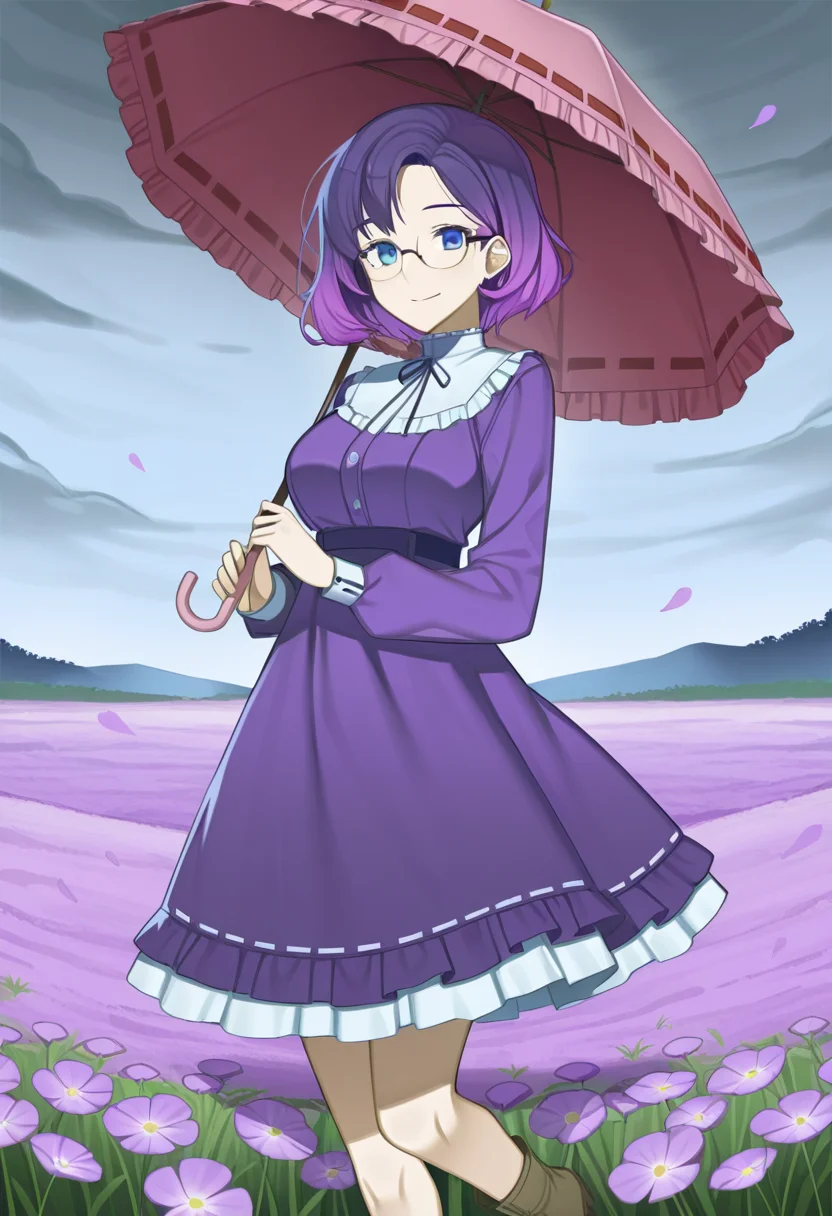 1girl, solo, keiryuu seo, purple hair, blue eyes, detailed eyes, gradient eyes, looking at viewer, glasses,
frilled dress, ribbon trim, ankle boots, holding parasol, cowboy shot, standing in flower field, overcast sky, wildflowers, tall grass, petals falling
<lora:Character_Keiryuu Seo:0.7> <lora:StS-Illustrious-Detail-Slider-v1.0:1>