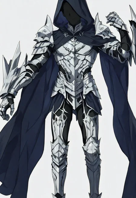 perfect composition, full body, solo, shadows, shading, <lora:anime_screencap-Illustrious:0.5> anime screencap, anime coloring, very aesthetic, absurdres, zPDXL, <lora:Pony_DetailV2.0:0.5> <lora:illustrious_quality_modifiers_masterpieces_v1:1>
jaune, 1boy, male focus, solo, blonde hair, blue eyes, gloves, dark hood, dark robes, 
<lora:Shadows_illusXLNoobAI_Incrs_v1.2:1> colored skin, black skin, (black hair, silhouette:1.5), no eyes, faceless, no highlights toned body, (muscles:0.7), dark robs, hood, cloak, metal boots, metal gauntlets, white metal armour (white background:1.2)