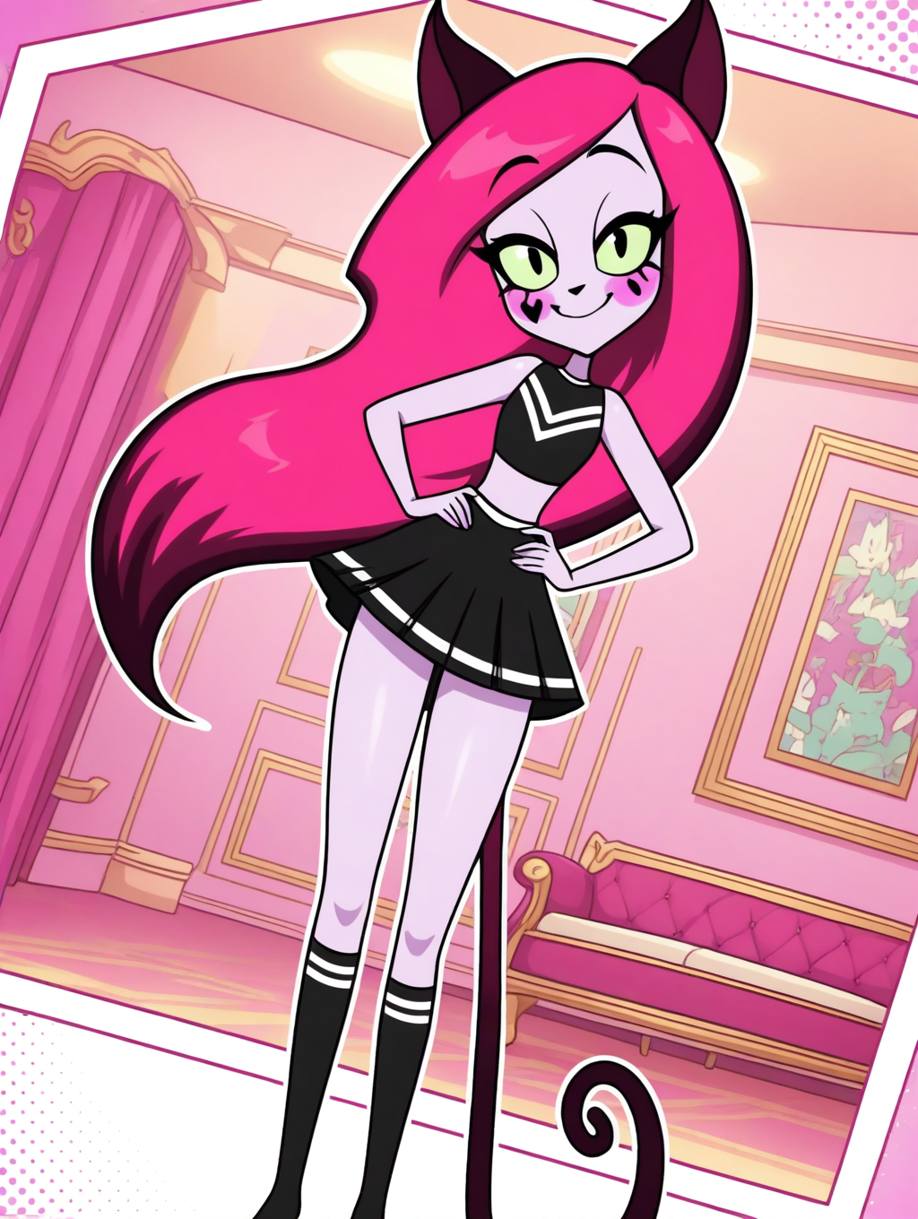 Pinky_(Teen-Z), 1girl, solo, light pink skin, cat-eye lashes, rosy cheeks, pink three-tone hair, cat ears,  cat tail, black cheerleader uniform, black long socks,  (smile, dutch angle, Hands on hips,naughty pose, looking at viewer, indoors, elegant room, solo, dynamic pose, head tilt,),(( dynamic halftone dot background, stylized background, White frame, white outline))