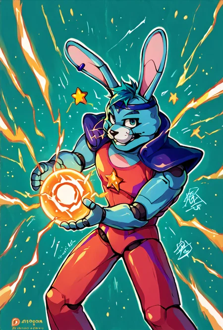 score_9, score_8_up, score_7_up,, good quality ,, character focus, solo, , best quality , detailed background, <lora:glambon-10:1> glambon, rabbit ears, male focus, , solo, star (symbol), robot, white outline, stars, cyan background, cowboy view, <lora:kamehameha charge stance:1> charge stance, kamehameha charge stance, , energy ball, aura, electricity