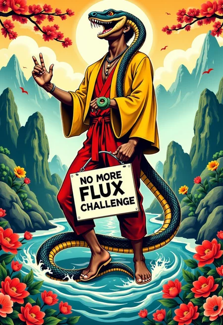 prtstCE style A colorful Japanese print showcases a striking anthropomorphic rastafari snake, boldly holding a protest sign reading "No More FLUX Challenge," set against serene Chinese landscapes of rich greens and misty blues, evoking tranquility and harmony. Stationary background