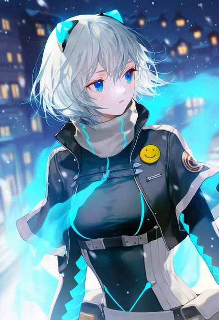 artist:gomzi,artist:wanke,artist:diyokama, rei_(sanbonzakura),[[artist:fuzichoco]],year 2023, 
1girl, solo,
icey, blue eyes, grey hair, short hair, fake animal ears,
neon trim, grey scarf, cropped jacket, black jacket, black bodysuit, blue gloves, multiple belts, button badge, smiley face, short shorts, taut clothes,
upper body, snowing, town,
<lora:icey.ilxl:1>