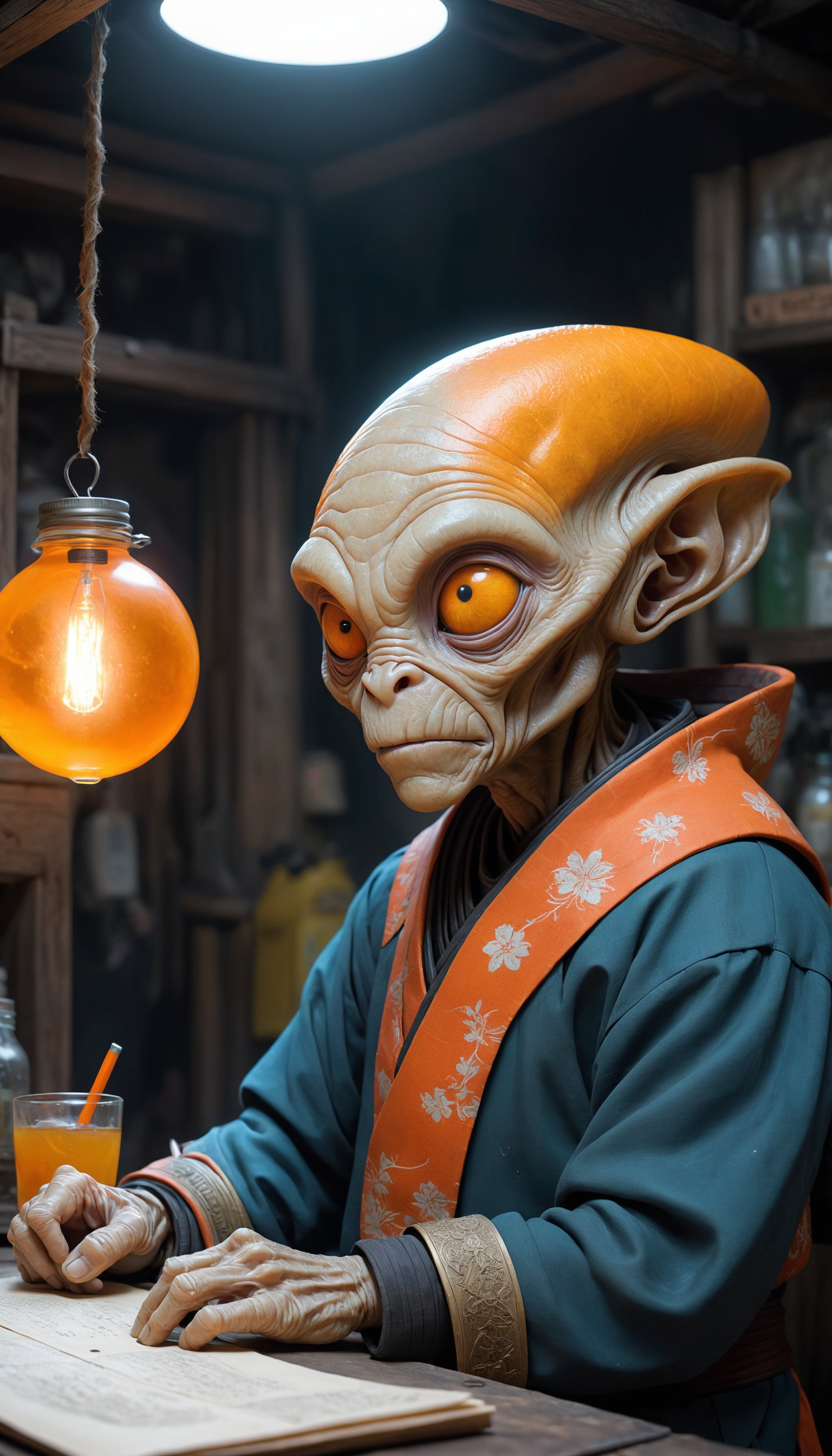A orange (skinned wrinkly alien being wearing traditional clothing:1.3) on vacation enjoying the local party scene  at noon in inside a dark and mysterious alien junk shop in Knowhere by Marvel Guardians of the Galaxy , involved in a project, line art inked negative space minimalistic pencil and paper simple drawing  Naoko Takeuchi