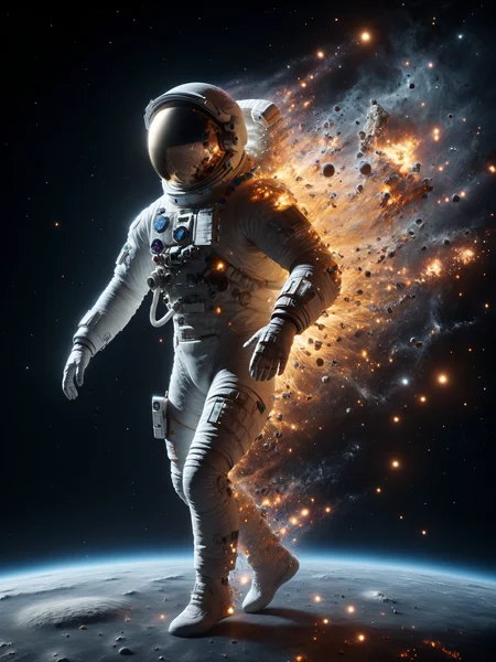 astronaut dissolving into mad-embr, space, dynamic pose <lora:Embers_Style_SDXL:0.8>, (masterpiece:1.2), best quality, (hyperdetailed, highest detailed:1.2), high resolution textures