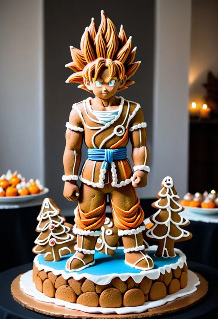 Goku from dragon ball Z made of gingerbread, <lora:GingerbreadStyle_epoch_10:0.7>, centerpiece, at a party, people admiring the decor,