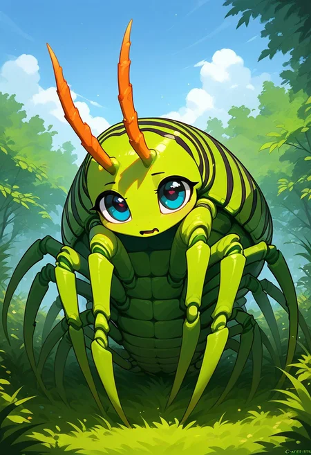score_9, score_8_up, score_7_up, score_6_up, score_5_up, score_4_up, Expressiveh, (feral insect girl, feral caterpillar girl:1.2), full body shot, rearing up, perky breasts, green caterpillar, open mouth, cute, petite, (arms down at sides), single orange horn, (two-pronged horn), green body, leaves, looking at viewer, ((crawling, slithering, many legs:1.2), giant eyes, big bulbous head, long body, centipede legs:1.3), outdoors, blue sky, sunny day, black stripes