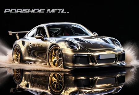 GOLD LIQUID METAL Porsche 911 GTS racing through SILVER LIQUID METAL, liquid metal sprays up from the cars tyres, Car drifting in a black void, wording above the car says "DICE"