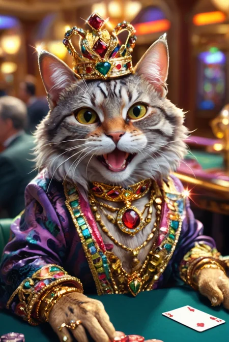 A hyper-realistic, high-quality scene featuring a cat dressed in opulent, luxurious attire, adorned with gold and silver jewelry, laughing heartily while playing poker in a lavish casino. The cat's fur is meticulously detailed, capturing every strand and texture, with its eyes sparkling with excitement. It wears an extravagant outfit complete with a golden crown, a richly embroidered robe, and an array of glistening necklaces and rings. The casino setting is vividly depicted with bright, colorful lights, a polished poker table, and a background filled with other well-dressed patrons and ornate decorations. The cat's expression is one of sheer joy, with its mouth open wide in a laugh, whiskers perked, and eyes gleaming. The overall atmosphere is lively and vibrant, emphasizing the cat's grandiose presence. gemstone, gem, colorful, shine, joyful, opened mouth wide, smile, laugh,
<lora:WildcardX-XL-Detail-Enhancer:0.8>,
<lora:TQ_-_Everything_Is_Gemstone:1.0>,