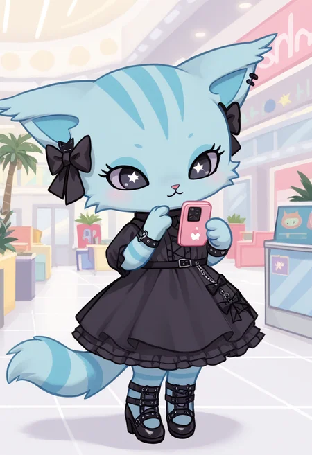 score_9, score_8_up, score_7_up, score_6_up, score_5_up, BREAK
chelsea, furry, chibi, feral, hair bow, cat, colored sclera, mall, checking phone, goth dress, looking at phone, 1 girl, solo