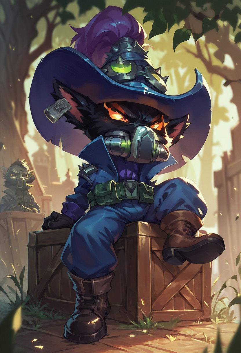 score_9, score_8_up, score_7_up, ultra quality, 1boy, yordle, shortstack, veigarxl, omegav, wizard hat, spiky, gas mask, military coat, belt, poach, black fur, glowing eyes, sitting, on crate, green lush background, angry, boots,