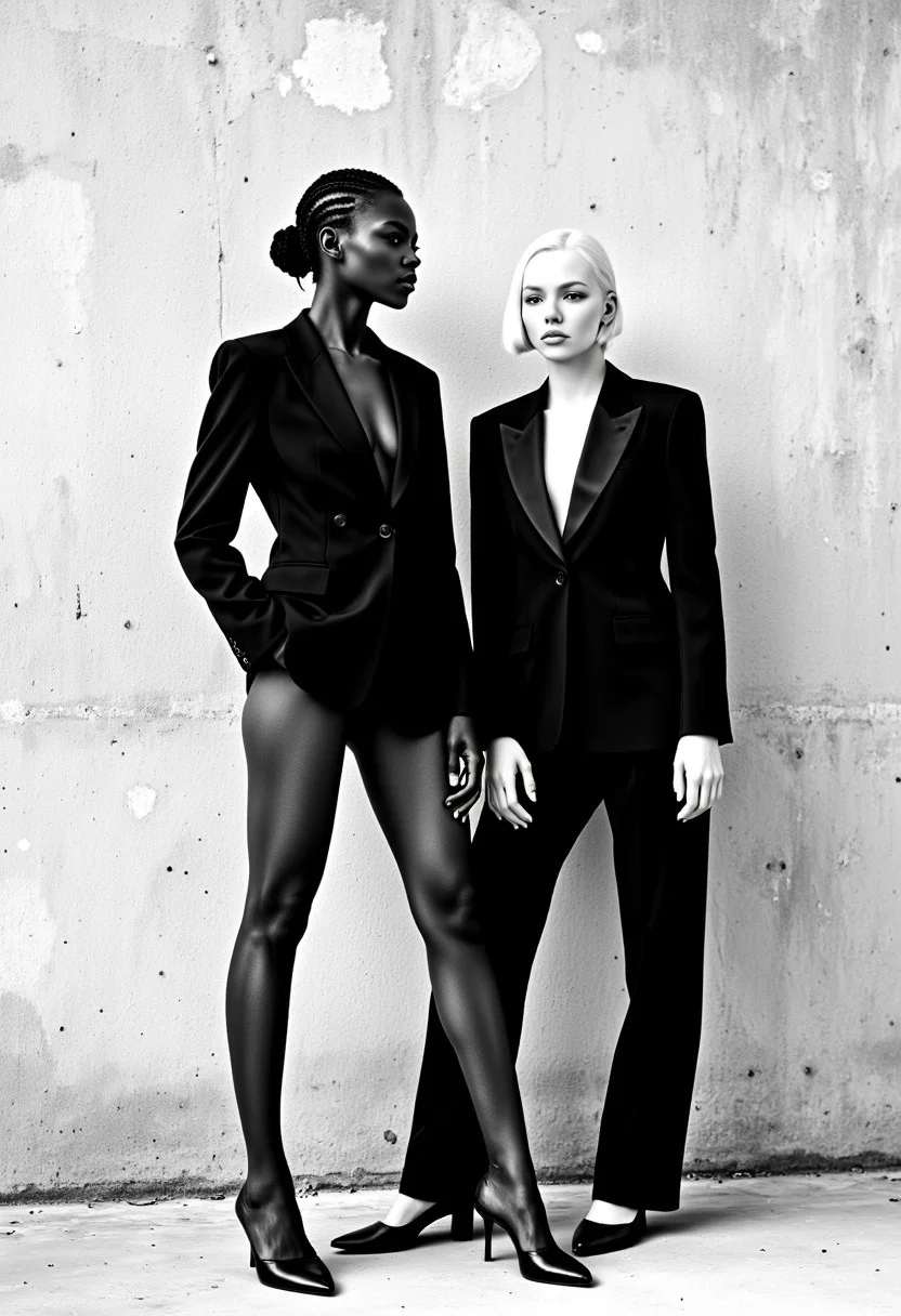 "Structured Minimalism" Masterpiece, realistic, best quality, photorealistic. Elle Magazine BW_portraits photoshoot Inspired by the Saint Laurent campaign in the style of Mario Sorrenti who balances stark simplicity with compelling intimacy. Two models stand against a raw, industrial concrete wall. One 22 year old striking Black Senegalese female runway model with short braided black hair exudes bold confidence in a black tailored blazer with structured shoulders, paired with sheer tights and black high heeled shoes. The second 22 year old stunning blonde Swedish female model with a sleek tussled bob haircut that falls just below the jawline, perfectly framing her face, mirrors strength in a matching blazer, styled with straight-leg trousers, black ballet flats. Their striking poses embody a synergy of power and sensuality, set against the minimalist backdrop. Perfect cue, cinematic film style, award-winning picture, highly detailed, ultra-high resolution, 32K UHD, sharp focus, (photorealistic:1.5), Sony A7R IV 60MP, Sony FE 85mm f/1.4 GM Lens, ISO 100, f/3.2, 1/200s, very rich details.