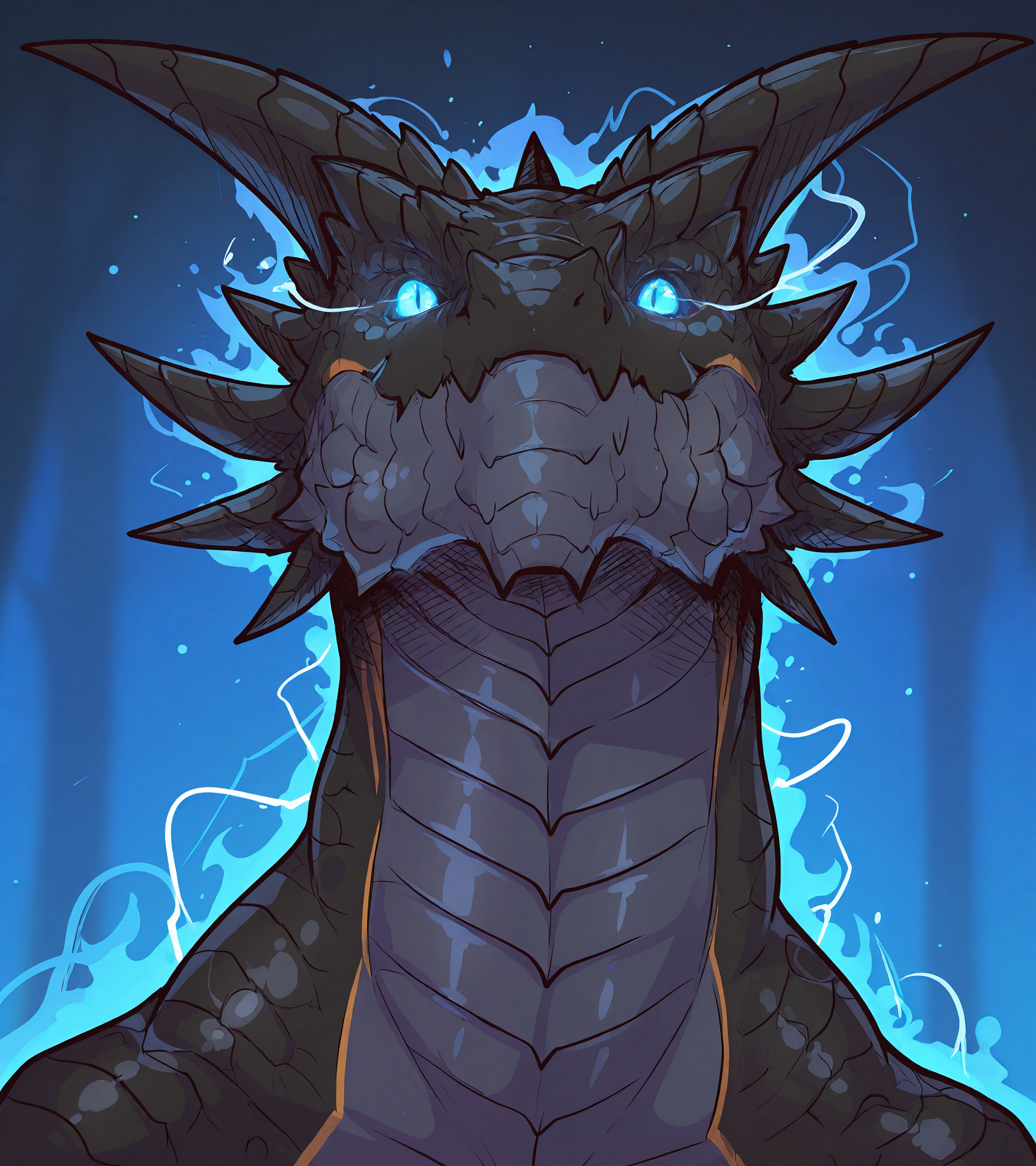 solo
BREAK
male, anthro, (dragon, scales, black body, blue eyes, slit pupils, dark aura, glowing eyes)
BREAK
nude
BREAK
upper body, face focus, headshot portrait, looking at viewer, seductive
BREAK
11uisabad1a5, masterpiece, best quality, amazing quality, aesthetic, cel shading, hard shading, lineart, crosshatching, dark outline, blue theme, lightning, embers, particles
