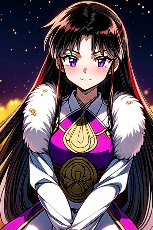 masterpiece,  best quality 1girl Setsun4 solo long hair,  (night time) forest background black hair very long hair purple eyes multicolored hair armor (fur trim) (medium body),<lora:EMS-179-EMS:0.800000>,<lora:EMS-293862-EMS:0.800000> bow, hair_bow, hair_tubes, red_bow, brown_hair, long_hair, bangs, ascot, frilled_bow, yellow_ascot, blush, smile, hair_between_eyes, athletic, armor, miko, ,(((intricate outfit,intricate clothes,embroidered outfit,ornate outfit,embroidered clothes,ornate clothes))), sitting