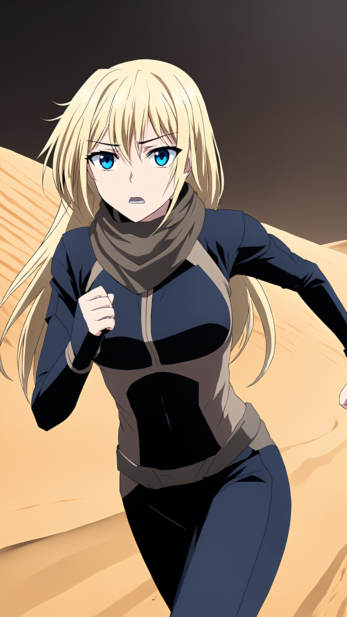 masterpiece, best quality,
cel shading, 
<lora:heronever_astel.sdxl.v1:1.1>,
astel
1girl,blond hair, blue eyes, long hair, running,
break,
brow scarf , 
 <lora:Dune_Movie_Loha2:0.55>  
dune, (fremen, Stillsuit), black clothes,half closed eyes,
night, dark, gloom, blue tint,
low lighting,