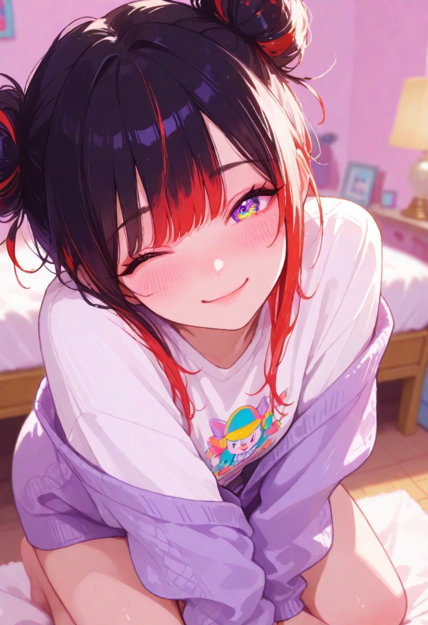 Flat colors, high detailed, high quality, masterpiece, best quality, very awa, absurdres, detailed eyes, detailed face, detailed skin, simple background, BREAK
(colourful:1.3), (cute character:1.5), 1girl, 25 years old, perfect face, adult, detailed face, kneeling, wink, depth of field, looking at viewer, blush, shy smile, (close up), multicolored hair, black hair, red hair, hair bun, double bun, messy hair, white shirt, purple cardigan, off shoulder, bedroom, detailed background, soft pastel colours, warm and sunny atmosphere,
748cmstyle, artist:moriimee