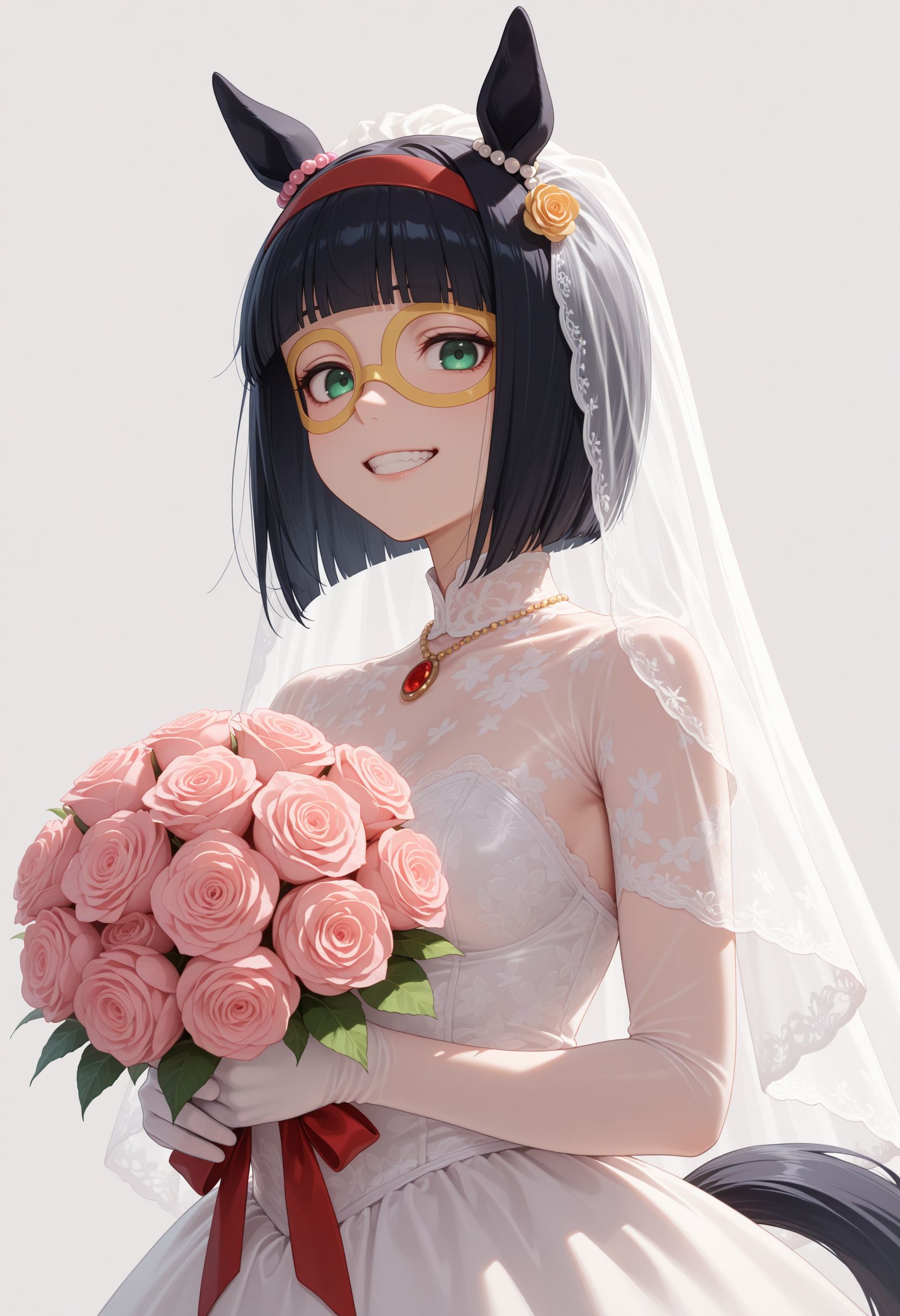 masterpiece, best quality, amazing quality, very awa,absurdres,newest,very aesthetic, looking at viewer,
 <lora:Mini the Lady noob:0.9> 1girl, girls, short hair, bob cut, blunt bangs, black hair, red hairband, animal ears, horse girl, horse tail, green eyes, teeth, ear ornament, yellow glasses, 
TB_wedding_dress, TB_hair_ornament, TB_bridal_veil, TB_gloves BREAK, ((white background)), looking at viewer, smile,upper body, holding bouquet