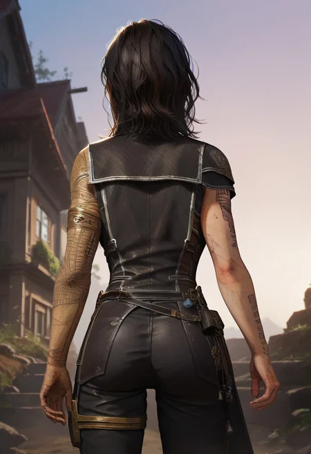 score_9, score_8_up, score_7_up,((masterpiece)), sharp focus, 1girl,solo, (lune, black hair, brown eyes, gold arm tattoo, gold leg tattoo, black facial tattoo, (tattoo writing over left eye:1.1):1.2), (armor, clair obscur expedition 33, pants, single arm glove:1.2), perfect face, hd quality, high quality, detailing face, detailing body, deatiled apartament, abounded house, dirt on face, hand up, standing, sunlights on hair, back view