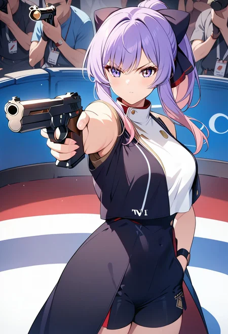 masterpiece, best quality, anime girl, fullbody, Turkish Killer Pose, LOOKING AT GUN, AIMING
