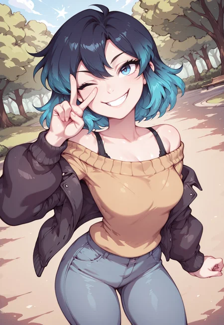 masterpiece, best quality, amazing quality,
1girl, solo, Ra3lyn,
off-the-shoulder sweater, pants, jacket, bra strap, gradient hair, face, close up, dark clothes, looking at viewer, park, nature, daytime, playful grin, v, wink, dynamic pose, dynamic angle, floating star