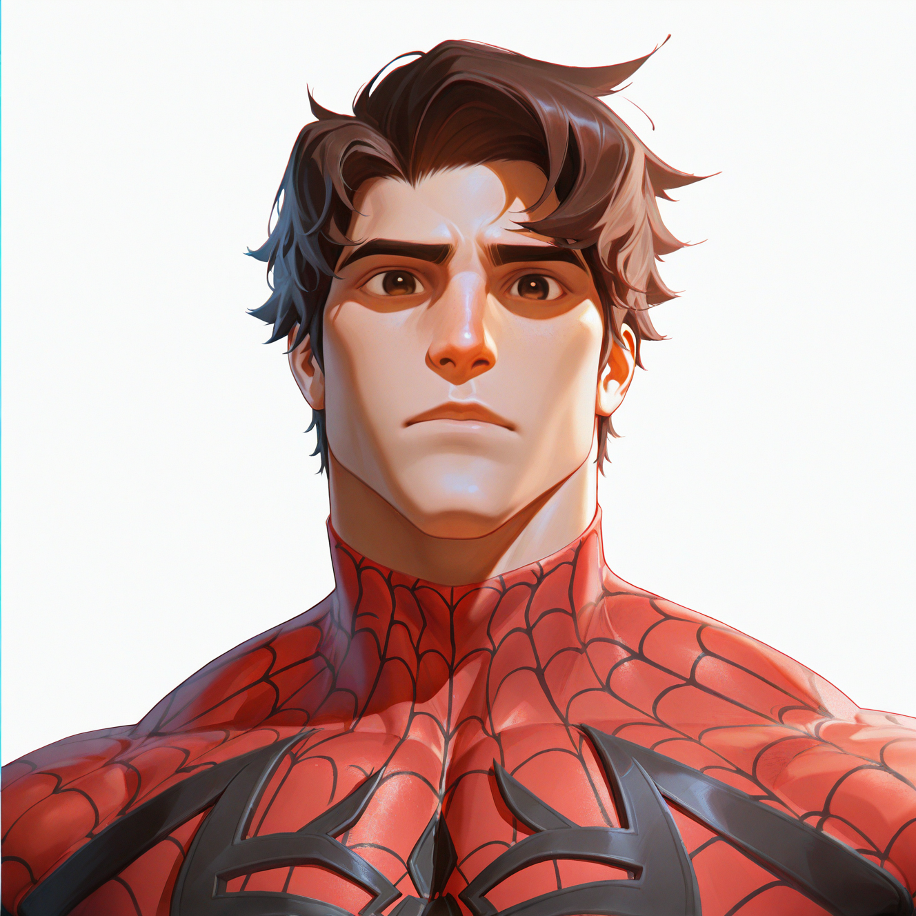<lora:SPIDERMAN-09:1>spiderman, solo, looking at viewer, short hair, simple background, brown hair, black hair, 1boy, closed mouth, upper body, male focus, muscular, bodysuit, thick eyebrows, muscular male, pectorals, animal print, large pectorals, skin tight, realistic, red bodysuit, blue bodysuit, two-tone bodysuit, cheekbones, white background, brown eyes, grey background, superhero, spider web print, blur background, very awa, masterpiece, best quality, absurdres, newest, perfect quality, detailed background, intricate details, (artist:fl \(l-fl\):0.7), (artist:tooboshoo:0.7), (artist:dizdoodz:0.8)