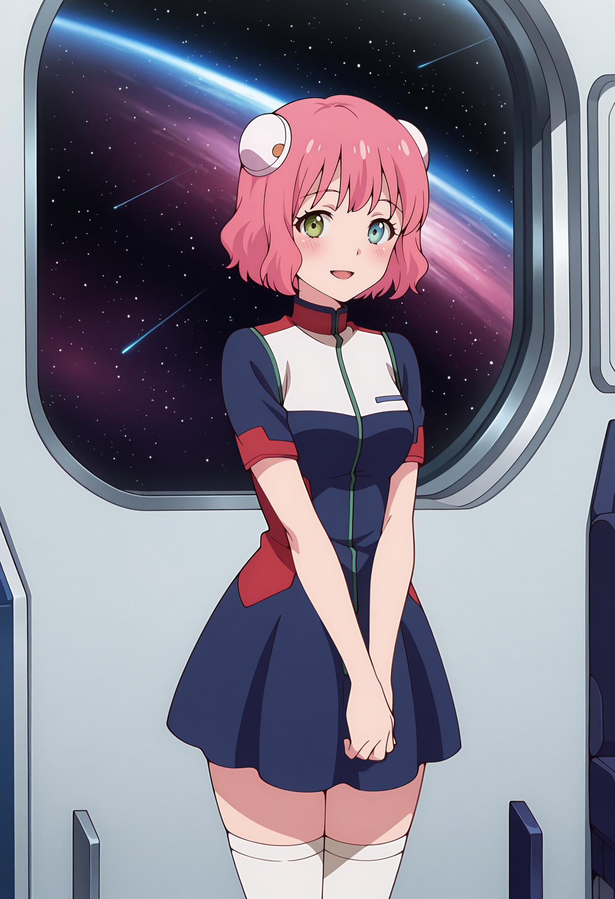 anime screencap, masterpiece, best quality,
<lora:KanataNoAstra_AriesSpring_IlluXL:0.9>,
1girl, solo, open mouth, light smile, blush,
short hair, pink hair, heterochromia, green eyes, hairpods,
short dress, multicolored dress, blue dress, short sleeves, zipper, white thighhighs,
v arms, standing, looking at the viewer, cowboy shot,
indoors, window, space, spacecraft interior