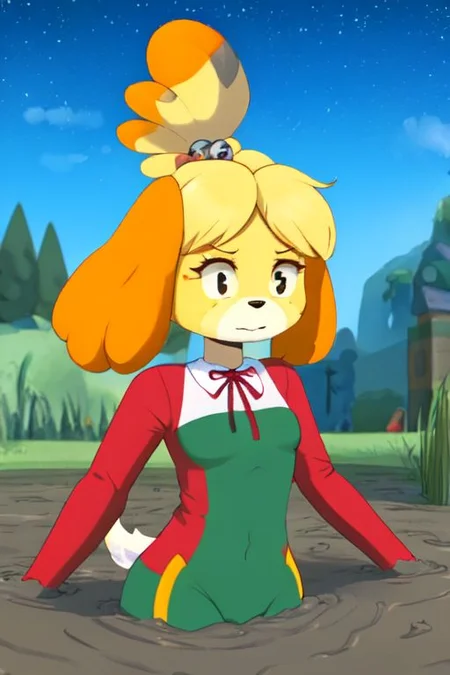 isabelle \(animal crossing\), (masterpiece, best quality:1.15), 1girl, solo, large breasts, high cheekbones, thick eyebrows, small mouth, looking to the side, leaning forward, adjusting clothes, tight leggings, crop top shirt, starry nights, long hair, twin short braids, scared, partially submerged, waist deep, struggling