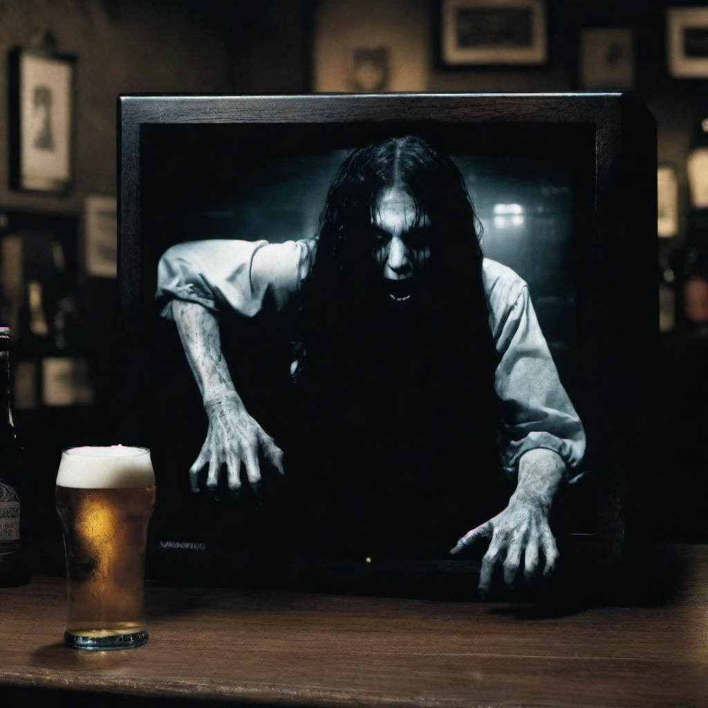 Horror-themed a creepy woman (((reaching out for a beer)), face hidden by hair, crawling out of a tv in a pub <lora:lcm_lora_sdxl:1> <lora:TheRing1024:0.85> . Eerie, unsettling, dark, spooky, suspenseful, grim, highly detailed