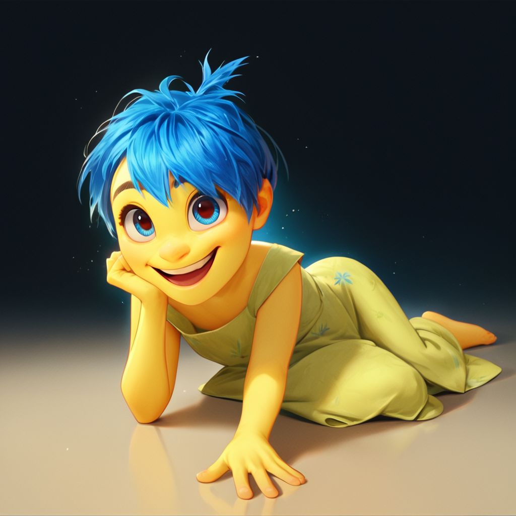 score_9, score_8_up, score_7_up, score_6_up, score_5_up, score_4_up, rating_questionable, JoyEmotion, glowing, 1girl, sitting on the floor, looking at viewer, blue hair, yellow skin, black background, loose dress, open mouth smile