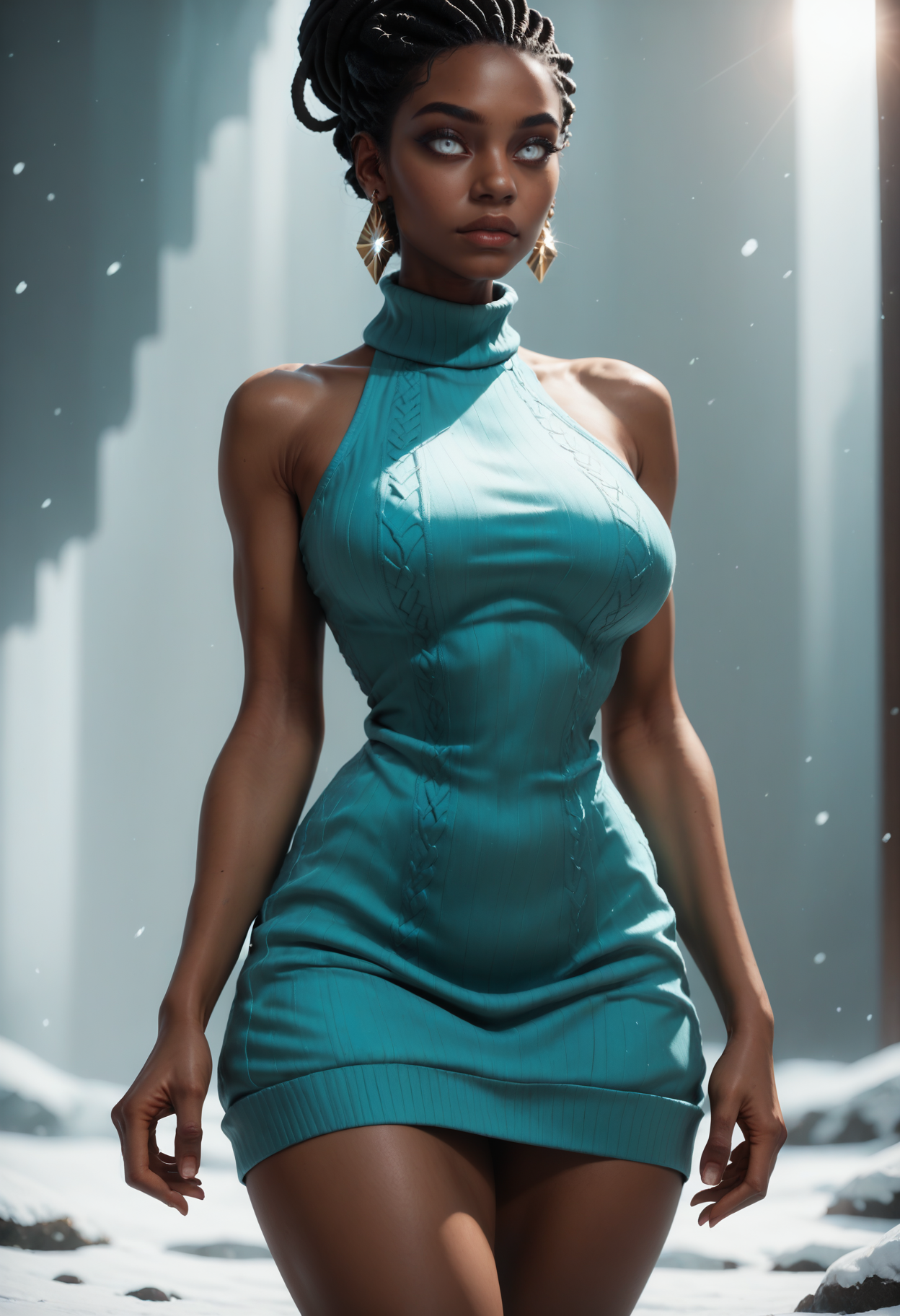 score_9, score_8_up, score_7_up,
1girl, solo, sexy sweater dress, aqua dress, sleeveless turtleneck dress, diamond earrings,
 <lora:Dark_Berea_Pony_v1.0:0.5> d4rkb3r34, very dark skin, dreadlocks:single hair bun, white eyes,
