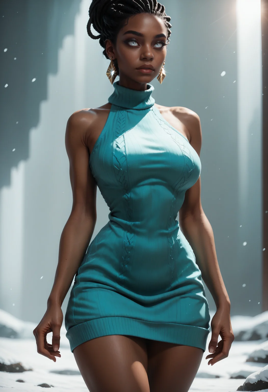 score_9, score_8_up, score_7_up,
1girl, solo, sexy sweater dress, aqua dress, sleeveless turtleneck dress, diamond earrings,
 <lora:Dark_Berea_Pony_v1.0:0.5> d4rkb3r34, very dark skin, dreadlocks:single hair bun, white eyes,
