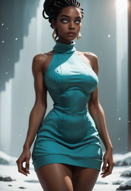 score_9, score_8_up, score_7_up,
1girl, solo, sexy sweater dress, aqua dress, sleeveless turtleneck dress, diamond earrings,
<lora:Dark_Berea_Pony_v1.0:0.5> d4rkb3r34, very dark skin, dreadlocks:single hair bun, white eyes,