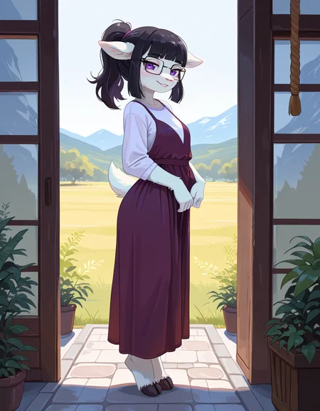 masterpiece, best quality, very aesthetic, absurdres,
outdoors,
full body, seductive smile, parted lips, long eyelashes,
<lora:Tala_v01_NAIXL:1>
T4l4,1girl,solo,furry,furry female,black hair,animal ears,ponytail,blunt bangs,purple eyes,glasses,snout,animal nose,body fur,white fur,tail,hooves,