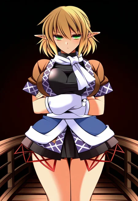 ueda katsuhito style, ((demon city)), ((dark fantasy background)), ((on a wooden bridge)), (1girl), ((solo)), ((tall)). (standing), (posing), (crossed arms), (legs), (looking at viewer), bored, ((mizuhashi parsee)), ((large breasts)), blonde hair, short hair, hair between eyes, medium bangs, green eyes, pointy ears, shirt, scarf, brown shirt, white scarf, short sleeves, skirt, black skirt, black shirt, undershirt, arm warmers