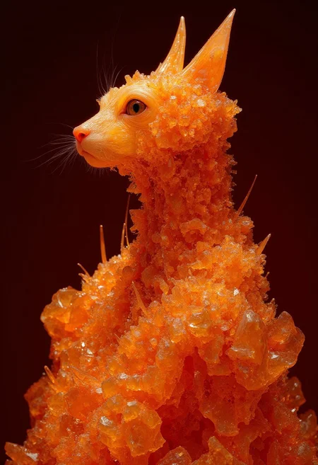 A orange tabby made from rough orange crystals, in profile, side view, surrealism, pencils, fashion illustration, gradient bordeauxs and dark crimson background, avant-garde, vivid colors, filigrie, photorealistic rendering, mody chiaroscuro lighting