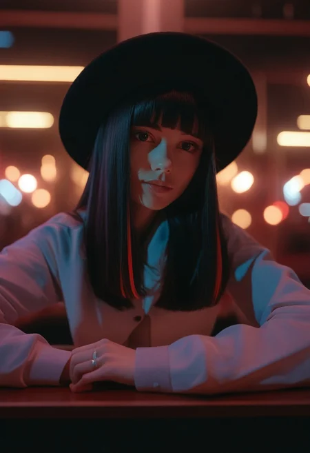 score_9, score_8_up, score_7_up, score_6_up, cinematic, cinema shot, film grain, depth of field, 1girl, solo, ring, hat, looking at viewer, blurry, jewelry, blurry background, bangs, blunt bangs, shirt, indoors, black hair, black headwear, nose, long hair, long sleeves, highlights, boke, (dark:1.2)