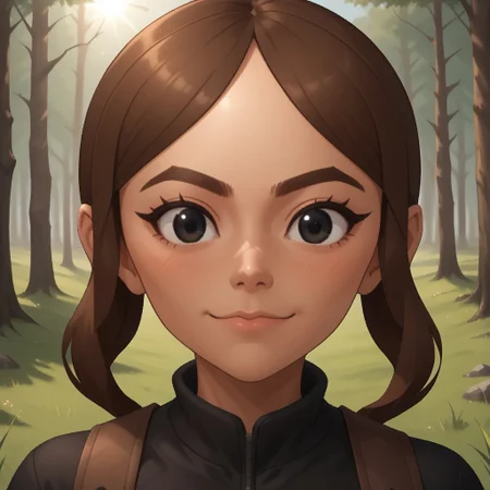 score_9, score_8, BREAK, solo, mii, wii, wii sports, female mii, 1girl, brown hair, black eyes, brown eyebrows, dark skin, blush, black clothing, black pants, breasts, cute, Chika_(Wii_Sports), nintendo mii, modern_mii, classic_mii, sexy pose, smile, outdoors, sunlight, shadows, evening lighting, natural lighting, forest, trees, grass, orange sky, sunset
