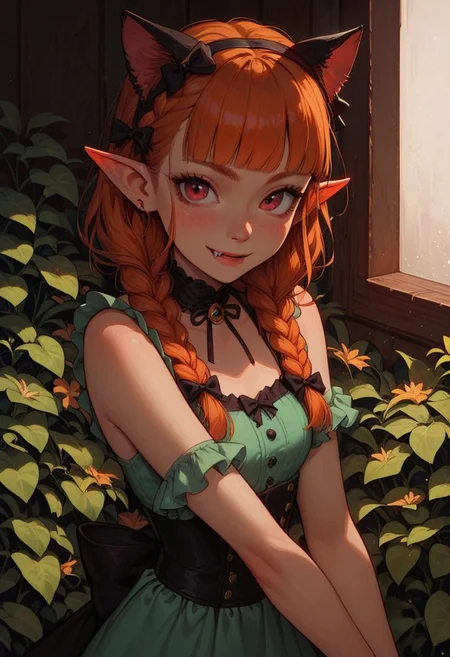 score_9_up, score_8_up, score_7_up, score_6_up, 1girl, 25 years old, perfect face, cute, petite, 
red eyes,
ginger hair, cat ears, braid, twin braids, fang, hair bow, pointy ears, blunt bangs, fang, 
black bow, green dress, frilled dress, frills
DreamArt,