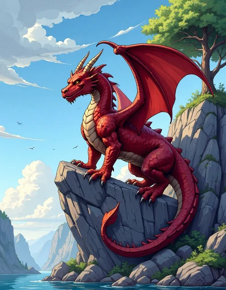 a red dragon is perched on a rocky cliffside with a tree, under a  blue sky with dramatic clouds 