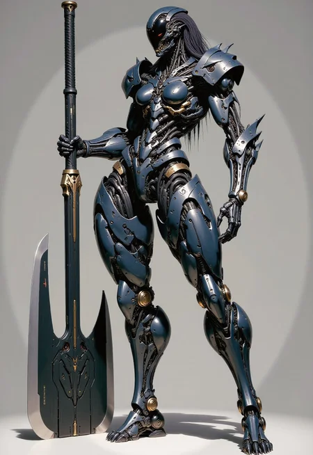 highest details, ultra hyper realism. highly detailed and realistic. intricate and highly professional artwork, an absolute masterpiece.

This is a high-quality illustration featuring a futuristic, sleek female biomechanic robot with a futuristic, bioluminiscent armor. The robot has an elegant, thin, athletic  build, with exaggerated, segmented armor plating covering its entire body, including its head, which is helmet-like and featureless. It stands confidently with one arm gripping a massive, dark hammer. The background is a plain, muted grey, and the lighting is dramatic, casting sharp shadows. The robotas design is reminiscent of sci-fi and mecha genres, with a high level of detail in the armor's texture and mechanical joints. The image is a full-body shot, showcasing the robot's elegant, supple yet lethal  stature and intricate design. The aesthetic quality is very high, with a sharp focus on the robot, emphasizing the subject.
