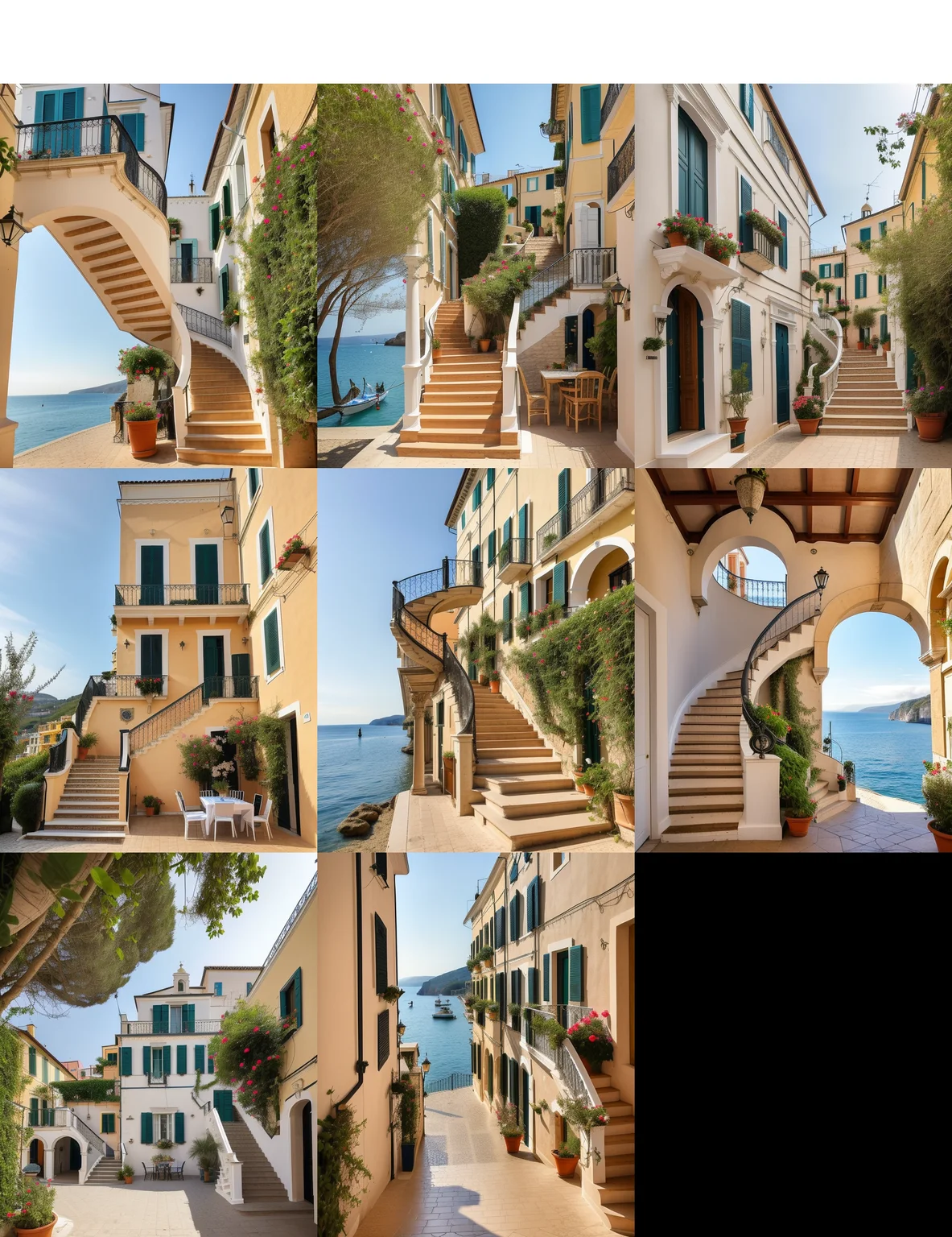 Style-Italy a beach with people laying on it and a building next to the water with a staircase leading to the beach