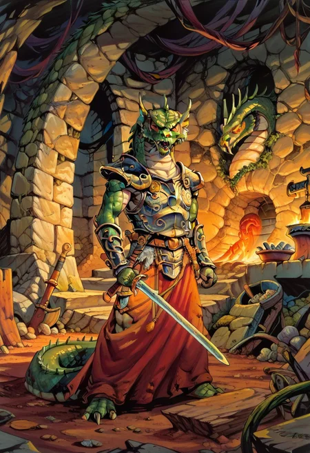 score_8, score_8_up, score_7_up, traditional media, 1other, 1boy, larry_elmore, rating_safe, fantasy, dnd, sword, weapon, solo, underground, weapon on shoulder, anthropomorphic_snakes_(naga), armor, indoors, horror (theme), meanacing, looking at viewer, underground, cave, dungeon, fantasy, portrait, standing, colored sclera, slit pupil, scales, no humans,