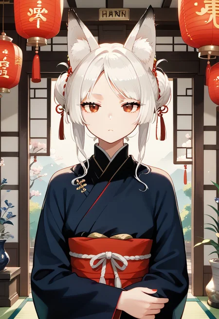 score_9, score_8_up, score_7_up, score_6_up , (masterpiece, best quality:1.4), 
high detailed background,(fox-girl:1.5), (white-hair:1.6), (red-eyes:1.6), (hanfu:1.5), (anime-style:1.5), (expressionless:1.6), (cold-stare:1.5), (fox-ears:1.4), petite, long-sleeves, (flowing-hanfu:1.4), (minimal-expression:1.5), hair-ornaments, soft-color-palette, traditional-chinese-patterns, (dim-lighting:1.2), ancient-chinese-room, lanterns, sliding-doors, cinematic, digital-illustration,fullbody