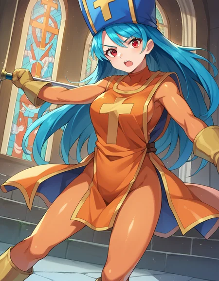score_9, score_8_up, score_7_up, source_anime,
dqpriest, <lora:dq-priest-ponyxl-lora-nochekaiser:1>,
priest, aqua hair, blue hair, long hair, red eyes,
bodysuit, boots, cross, gloves, hat, mitre, orange bodysuit, tabard, mace, weapon, holding weapon,
indoors, church, fighting stance,
looking at viewer, dutch angle, cowboy shot,