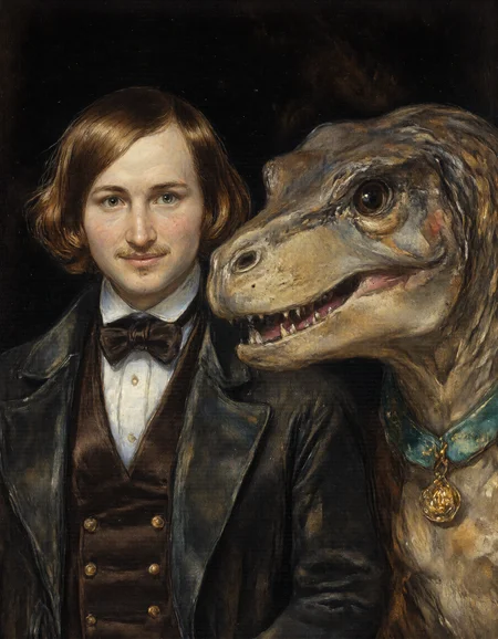 Rembrandt style raw 8k photo, The image is a high-resolution photograph featuring a man and a veloceraptor against a solid black background. The old man, positioned slightly to the left, has medium-length, tousled brown hair . He is wearing a fitted, 19th century suit that contrasts with his fair skin. His expression is calm and slightly contemplative, with a direct gaze looking slightly off-camera to the right., 
The veloceraptor, positioned to the right of the man, is a large, muscular breed with a rich, dark brown coat. The veloceraptor has a serious, attentive expression, with its dark eyes focused on the camera. Around theveloceraptor's neck is a teal collar with a diamond-shaped tag  in gold, 
The lighting in the photograph is soft but focused, highlighting the man's features and the veloceraptor's skin, creating a warm and inviting atmosphere. The overall composition of the image is intimate and close-up, emphasizing the bond between the man and the veloceraptor The black background ensures that the subjects are the focal point of the photograph., <lora:Dark_Ghibli:0.8>, <lora:Cartoon_Sheva:0.8>, <lora:Watercolor_painting_v2:0.3>, watercolor painting, <lora:GOGOL:1> . Baroque, chiaroscuro, realistic, emotional, "flat lighting