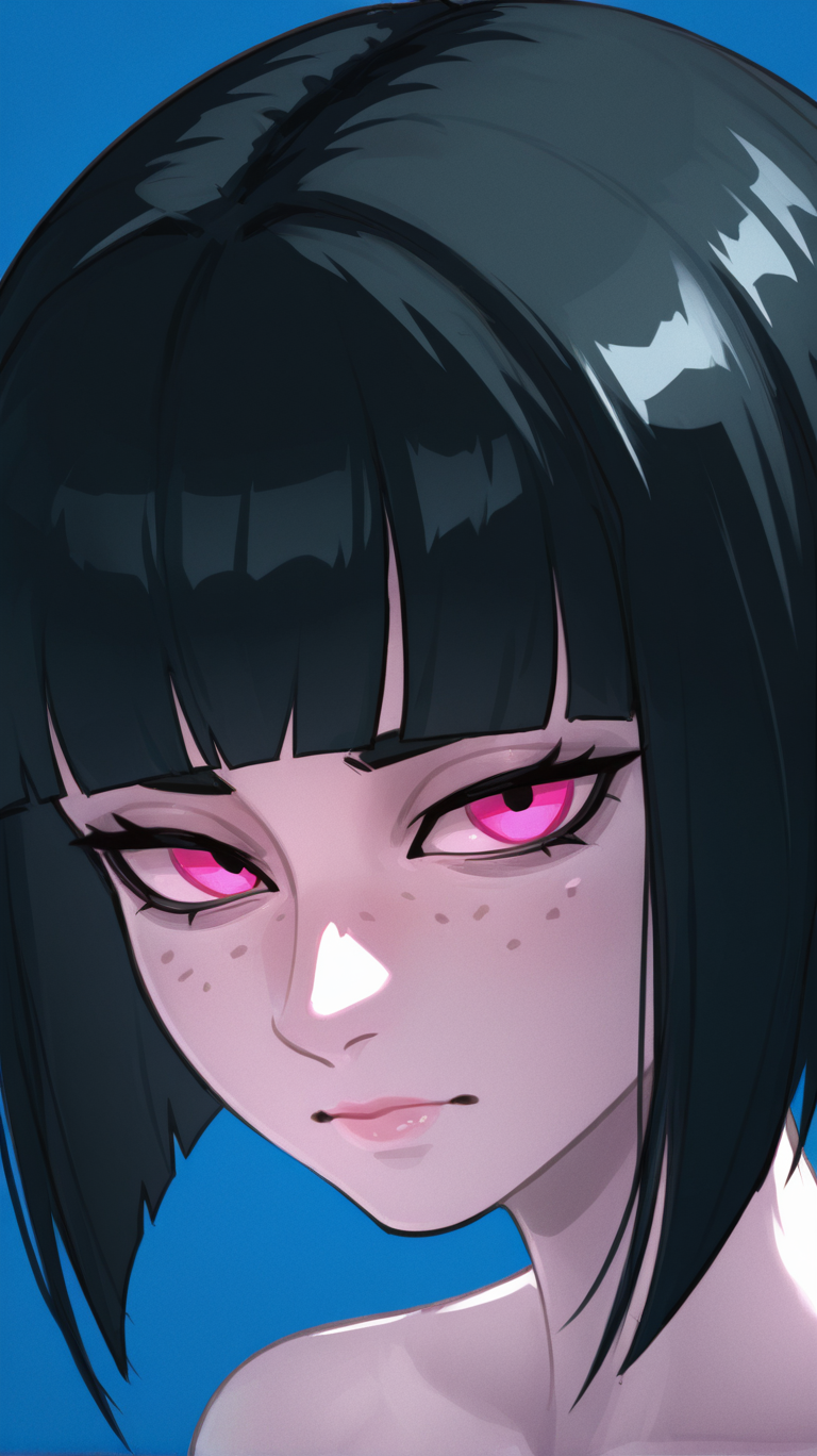 1girl, solo, looking_at_viewer, short_hair, bangs, simple_background, black_hair, closed_mouth, blunt_bangs, pink_eyes, blue_background, bob_cut, pale_skin, portrait, freckles
