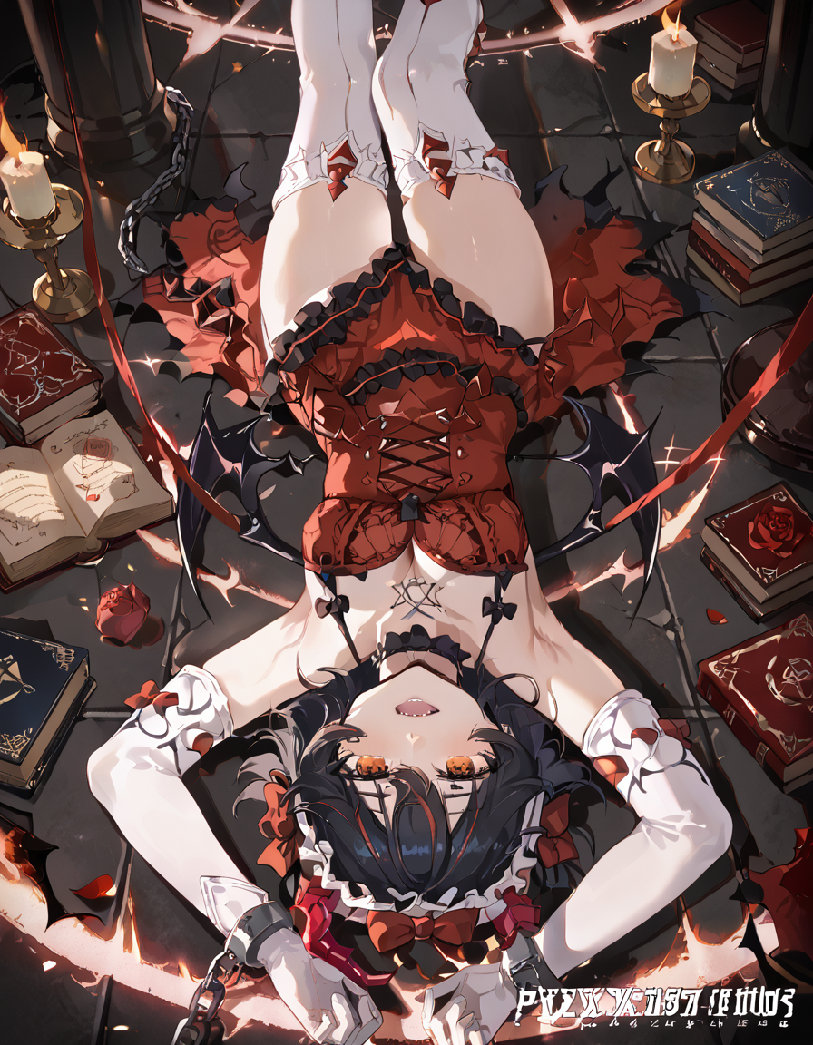 Volumetric Lighting, masterpiece, best quality, very detailed, source_anime, score_9, score_8_up, score_7_up BREAK, light depth, dramatic atmospheric lighting, Volumetric Lighting, Luciavmp, short hair, black hair, streaked hair, red hair, red eyes, vmp dress,red dress,short dress, vmp gloves, vmp tattoo, vmp hairband, vmp wings, low wings, vmp tail, vmp thighhighs ,white thighhighs, vmp choker, cleavage BREAK, on back, armpits, arms up, red ribbon, cup, book, fruit, rose, chain, fire, (((on floor))),chained, from above,chain, open mouth, looking at viewer, viewer above head,lying on back,fang,summoning circle,closed mouth,evil smile,chainedd legs