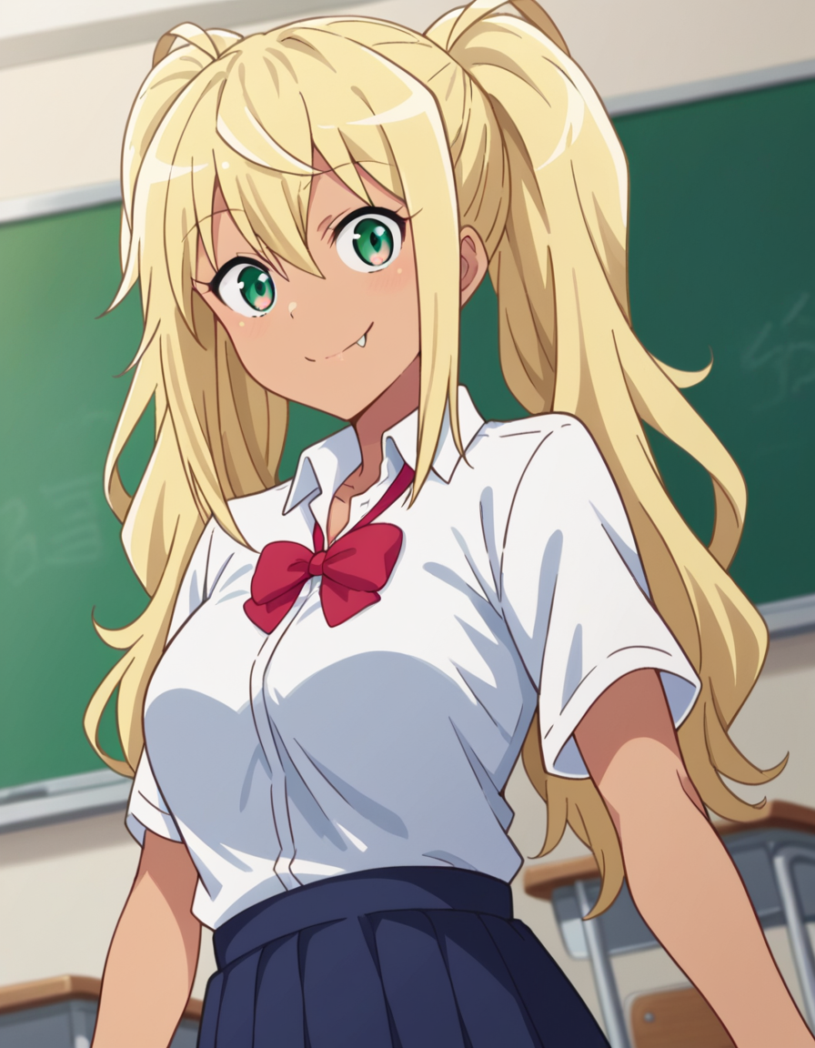 score_9, score_8_up, score_7_up, source_anime,
hibikisakura, <lora:hibiki-sakura-s1-ponyxl-lora-nochekaiser:1>
hibiki sakura, long hair, blonde hair, hair between eyes, twintails, green eyes, fang, dark skin, dark-skinned female, gyaru, mature female,
skirt, shirt, bow, school uniform, white shirt, short sleeves, collared shirt, bowtie, red bow, red bowtie,
indoors, classroom, smile,
looking at viewer, dutch angle, cowboy shot