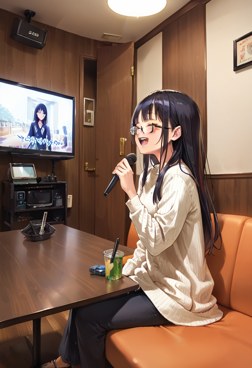 score_9, score_8_up, score_7_up, rating_safe, masterpiece, best quality, absurdres, unity 8k wallpaper, official art, official style, source_anime, uncensored, game cg, megami magazine,
1girl, solo, glasses, black hair, long hair, ribbed sweater, pants, happy, smile, closed eyes, open mouth, holding microphone, karaoke, sitting,
karaokeroom, scenery, table, door, indoors, couch, screen,joypad, microphone, television,
 <lora:karaoke_room_PONY_V3A:0.8>